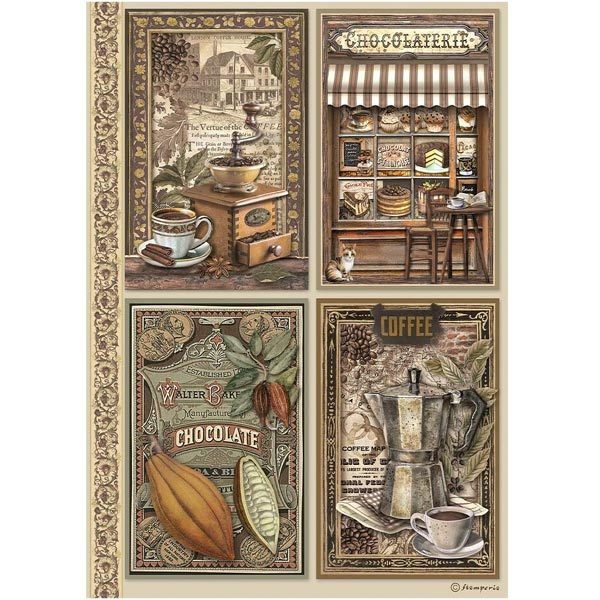 Stamperia Rice Paper A4 Coffee and Chocolate 4 Cards DFSA4821